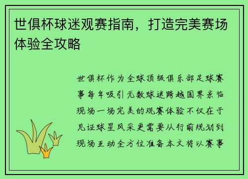 世俱杯球迷观赛指南，打造完美赛场体验全攻略